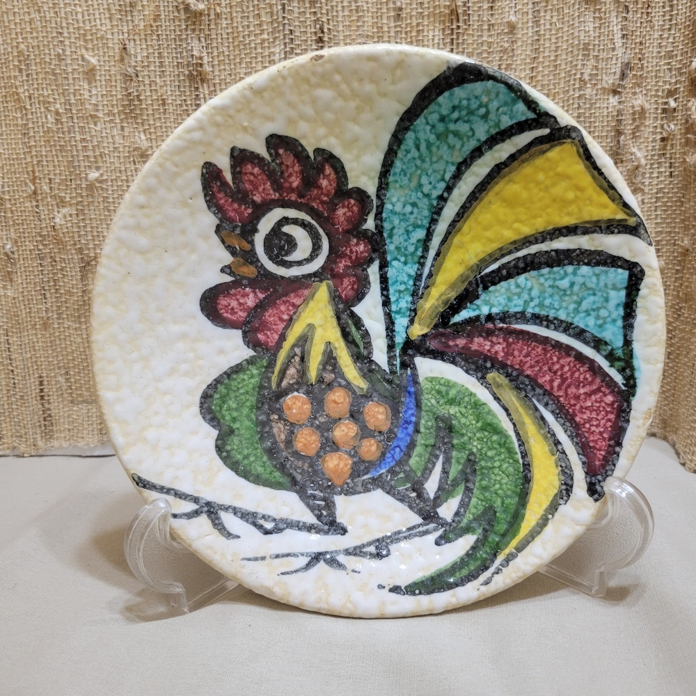 Unmarked Handmade Talavera (?) Rooster Spaskle Plate Wall Art
